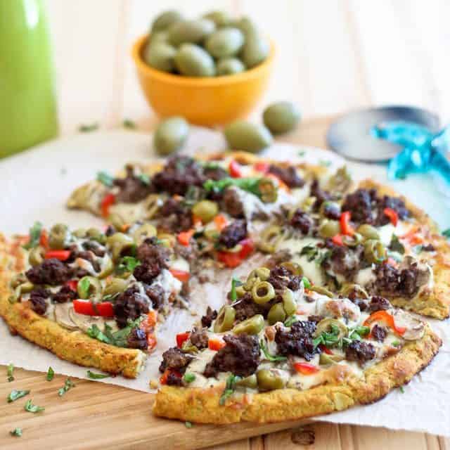Cauliflower Crust Pizza with Ground Beef and Green Olives