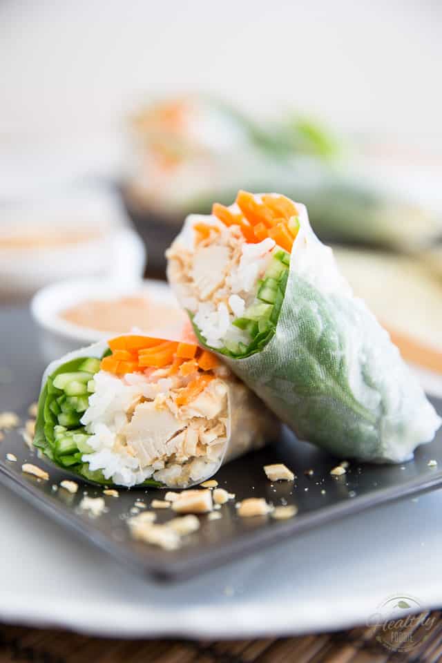Chicken Spring Rolls with Creamy Peanut Sauce • The Healthy Foodie