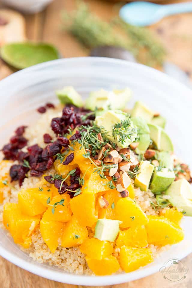 Orange chunks, dried cranberries, diced avocado, toasted almonds and fresh thyme atop a bowl of quinoa