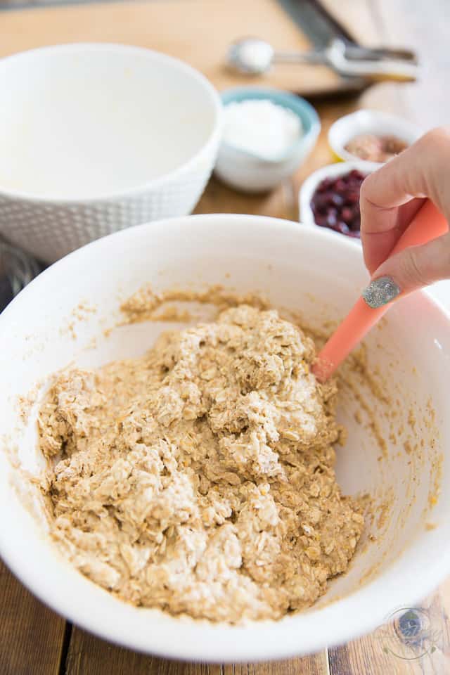 Oatmeal cookie dough getting stirred with a rubber spatula