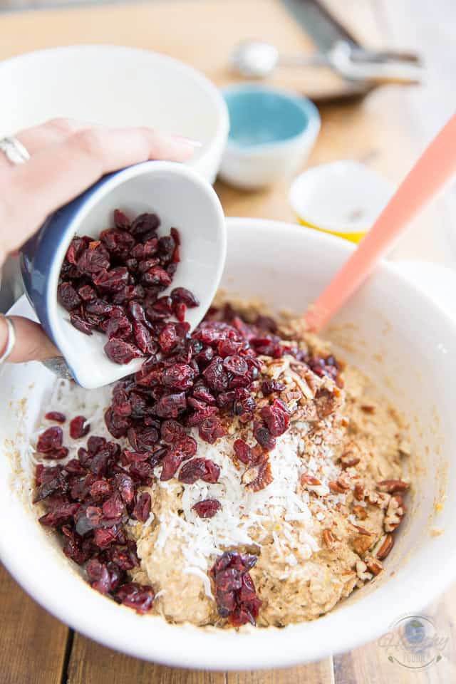 Dried cranberries are added to a bowl containing oatmeal cookie dough