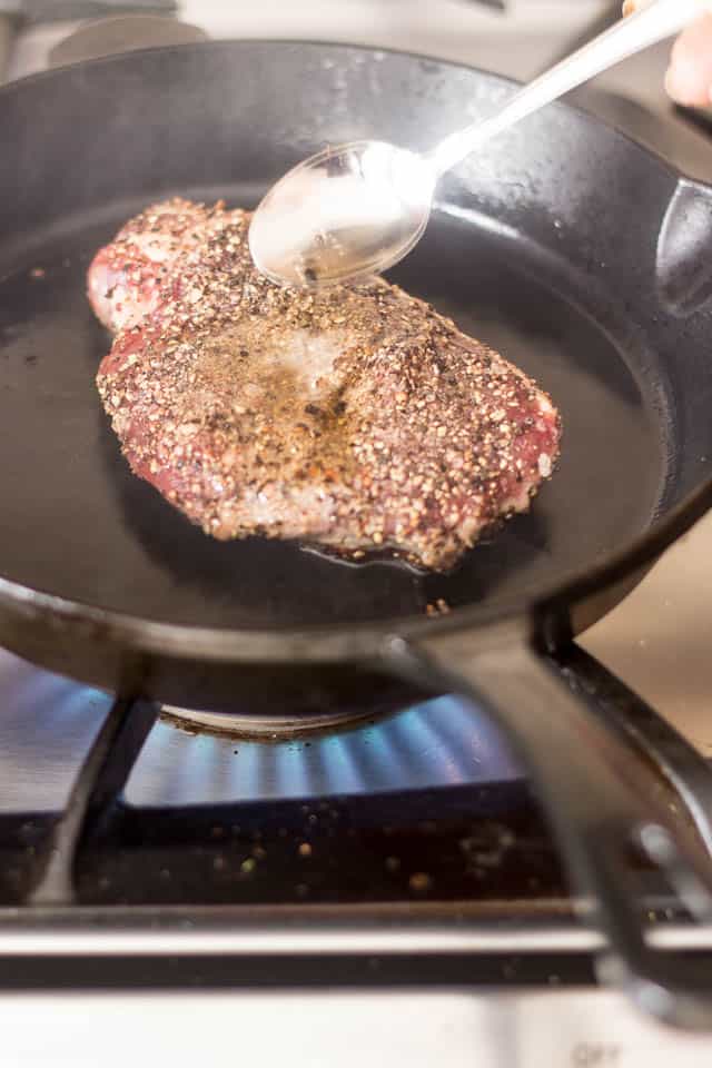 Crusted Strip Steak Over Warm Shaved Brussels Sprouts