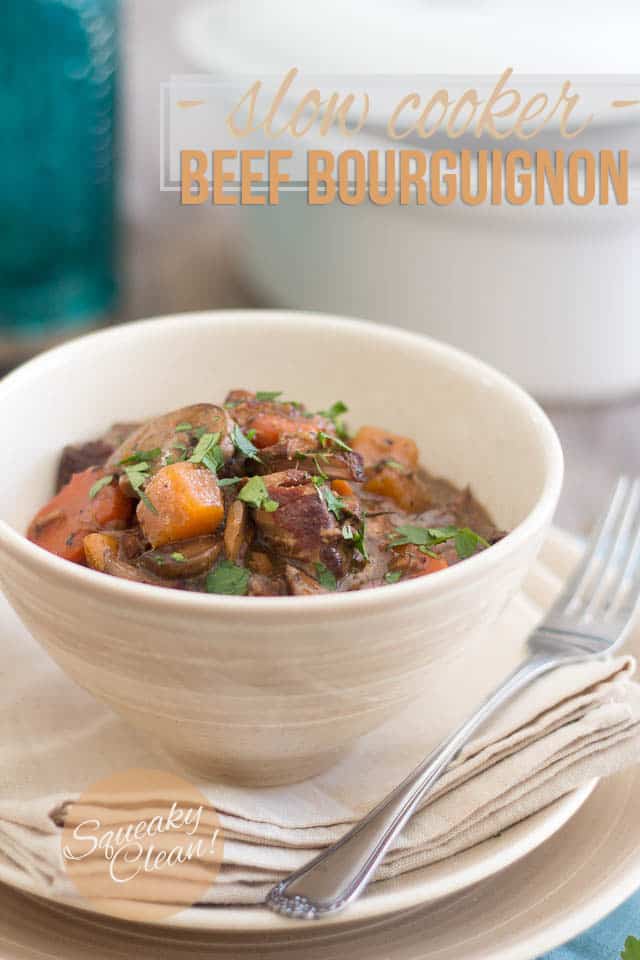 Squeaky Clean Slow Cooker Beef Bourguignon by Sonia! The Healthy Foodie | recipe on thehealthyfoodie.com