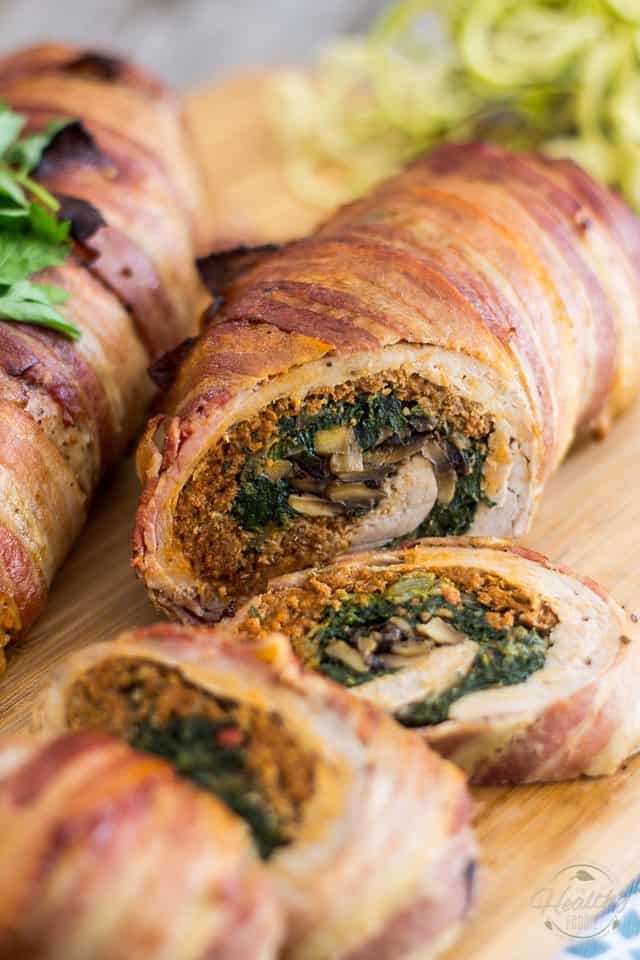 Bacon Wrapped Stuffed Pork Tenderloin | thehealthyfoodie.com