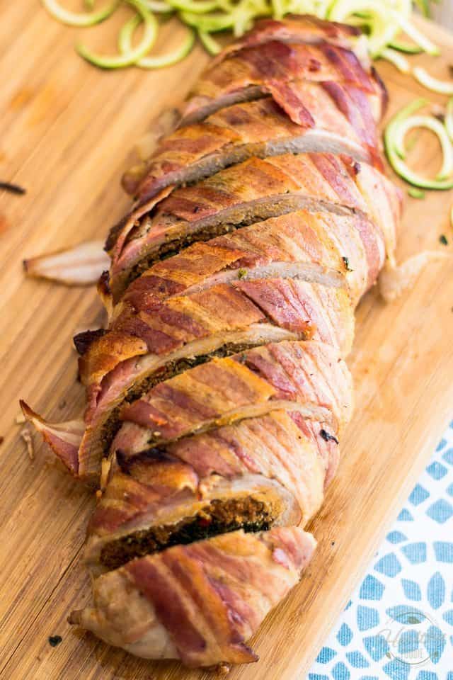 Bacon Wrapped Stuffed Pork Tenderloin | thehealthyfoodie.com