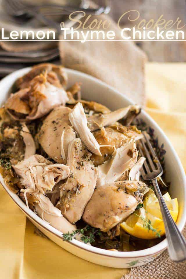Slow Cooker Lemon Thyme Chicken | thehealthyfoodie.com