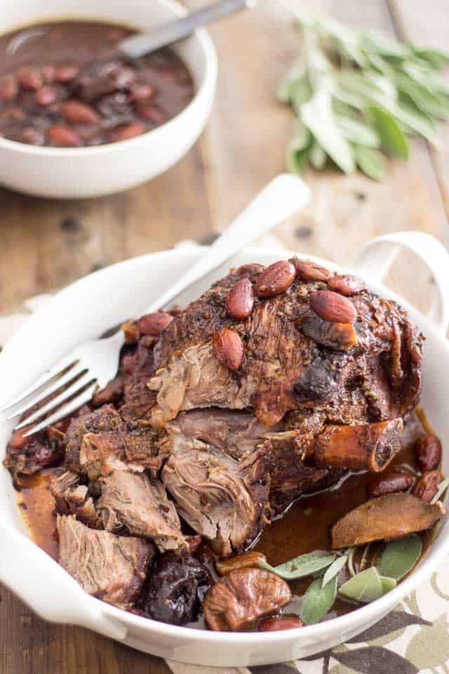 Braised Leg of Lamb with Dried Prunes and Toasted Almonds | thehealthyfoodie.com