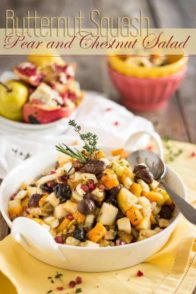 Butternut Squash, Pear and Chestnut Salad with pomegranate, fennel, dried prunes and pistachio. So good, it's worthy of getting a spot on your Holiday menu.
