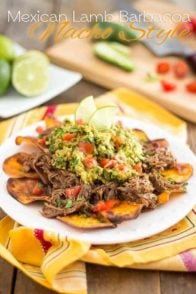 Sweet Potatoes slices pan-fried to crispy perfection topped with juicy, spicy Pulled Lamb and a Quick Guacamole: you will love these Lamb Barbacoa Nachos