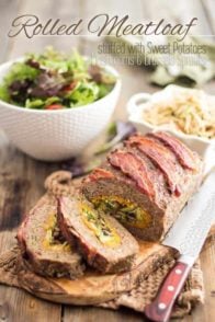Rolled Meatloaf stuffed with Sweet Potato Puree, Brussels Sprouts and Sauteed Mushrooms. A spectacular recipe you'll want as part of your regular rotation!