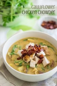 This Cauliflower Chicken Chowder is a thick and velvety cauliflower soup filled with chunks of soft potatoes, huge pieces of chicken, peppery arugula and crispy bacon.