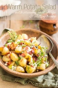 Warm Potato Salad with Creamy Goat Cheese and Crispy Bacon. So easy so make, so deliciously tasty, and so good for you, too! Try it, you'll love it!