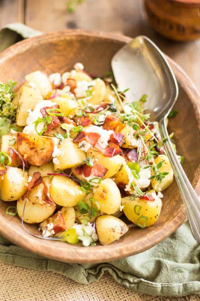 Warm Potato Salad with Goat Cheese and Bacon | thehealthyfoodie,com