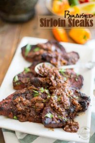 These Braised Sirloin Steaks are a meat lover's dream come true: you get all the flavor of a beautifully charred steak combined with the tenderness of a slowly braised piece of meat.