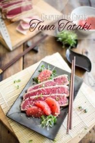 Quickly seared tuna in a sweet and tangy pink grapefruit and ginger marinade, this Grapefruit and Ginger Tuna Tataki is simple, fresh and delicious!