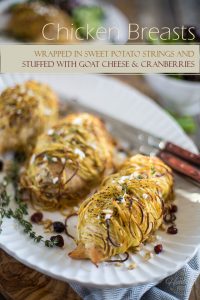 A juicy chicken breast stuffed with tangy Goat Cheese, walnuts and cranberries, all wrapped up in crispy, perfectly golden Sweet Potato Strings.  