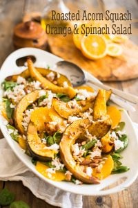 Warm slices of roasted squash on a bed of spinach, topped with sweet slices of orange, crunchy toasted almonds and a robust coffee orange vinaigrette. 