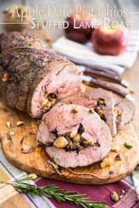 A juicy boneless leg of lamb generously stuffed with chunks of sweet apples, dates and crunchy pistachios. Not as daunting as you may think! 