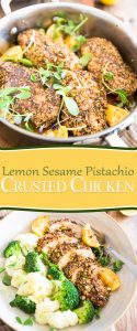Deliciously tasty, moist and tender, this Lemon Sesame Pistachio Crusted Chicken will make you feel like you're on a trip halfway across the globe...