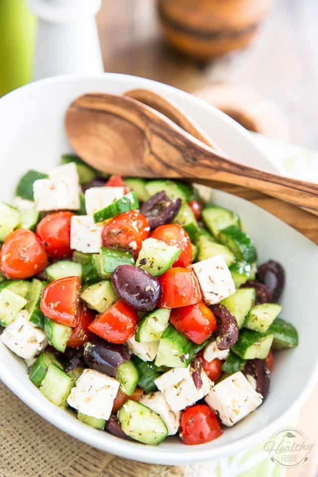  This instant Greek Style Tomato Cucumber Salad takes only minutes to put together and has flavor to last 'til tomorrow! Get it on your plate today! 