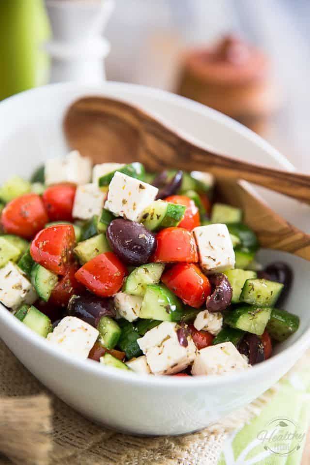  This instant Greek Style Tomato Cucumber Salad takes only minutes to put together and has flavor to last 'til tomorrow! Get it on your plate today! 