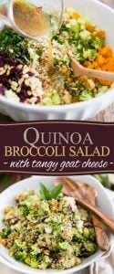 This delicious and highly nutritious cold Quinoa Broccoli Salad is a texture and flavor overload, thanks to tangy goat cheese, dried fruits and pine nuts!