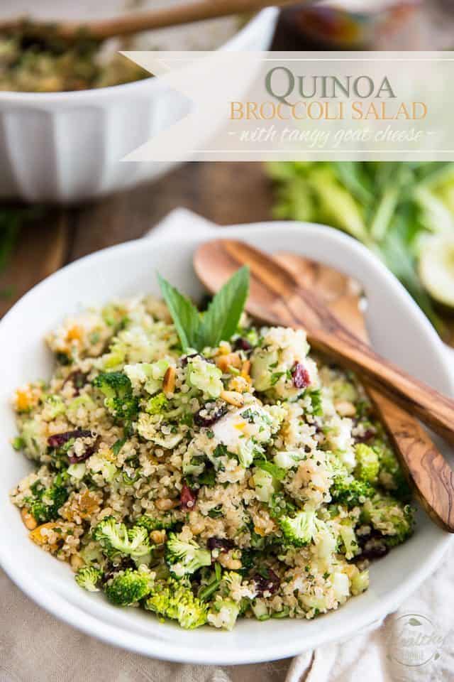 This delicious and highly nutritious cold Quinoa Broccoli Salad is a texture and flavor overload, thanks to tangy goat cheese, dried fruits and pine nuts! 