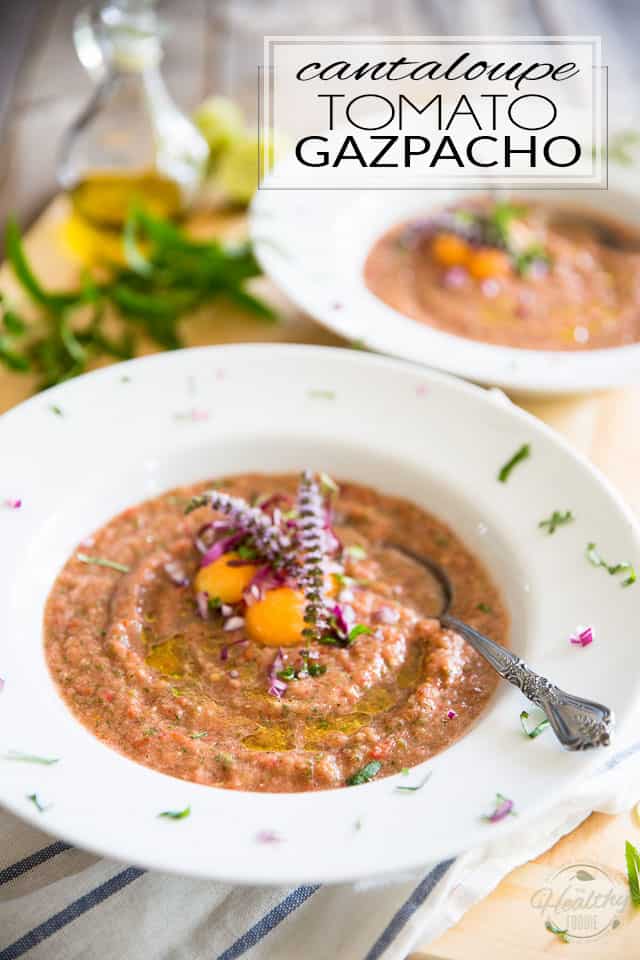 Filled with deliciously refreshing vegetables, this Cantaloupe Tomato Gazpacho makes for a perfect appetizer or light lunch when it's simply too hot to cook