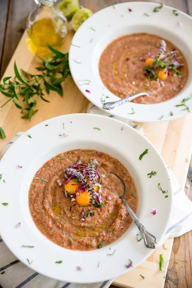 Filled with deliciously refreshing vegetables, this Cantaloupe Tomato Gazpacho makes for a perfect appetizer or light lunch when it's simply too hot to cook