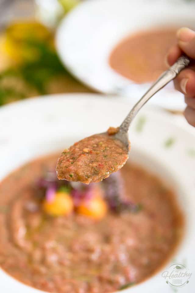 Filled with deliciously refreshing vegetables, this Cantaloupe Tomato Gazpacho makes for a perfect appetizer or light lunch when it's simply too hot to cook