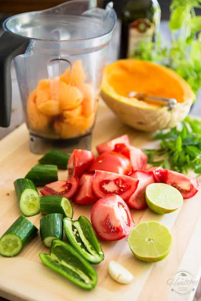 Cantaloupe Tomato Gazpacho by Sonia! The Healthy Foodie | Step-by-step instructions on thehealthyfoodie.com