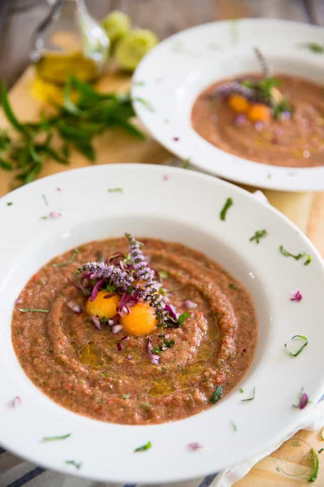 Filled with deliciously refreshing vegetables, this Cantaloupe Tomato Gazpacho makes for a perfect appetizer or light lunch when it's simply too hot to cook