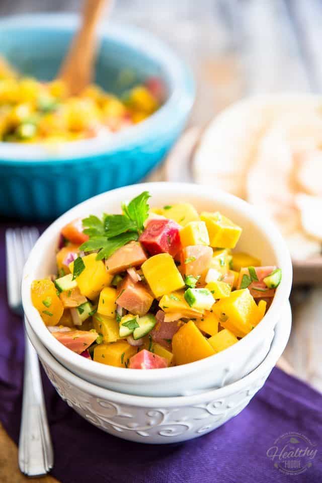 Summer meets fall in this surprising but insanely delicious Beet Mango Salad. Dare give it a try: you won't believe how good the combination!