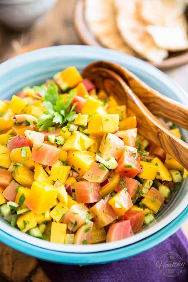 Summer meets fall in this surprising but insanely delicious Beet Mango Salad. Dare give it a try: you won't believe how good the combination!