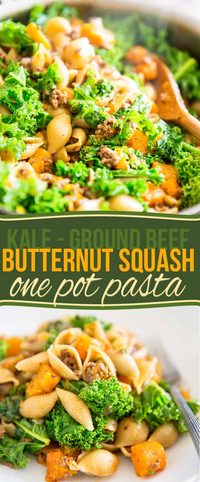 Kale Ground Beef Butternut Squash One Pot Pasta • The Healthy Foodie