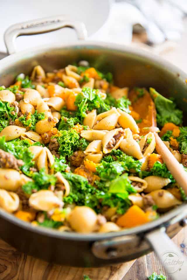 Kale Ground Beef Butternut Squash One Pot Pasta by Sonia! The Healthy Foodie | Recipe on thehealthyfoodie.com