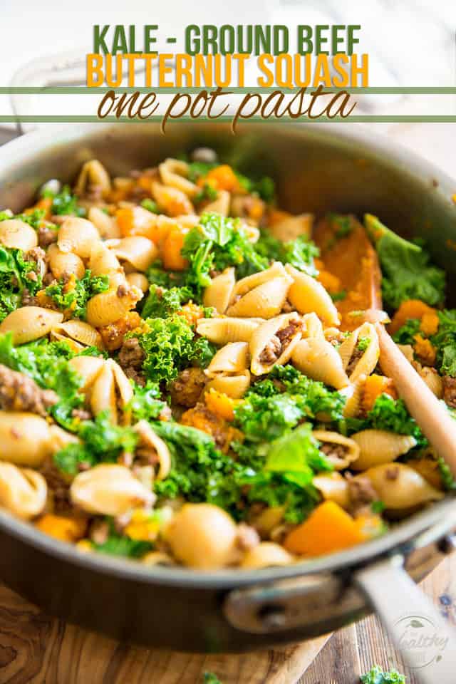 Kale Ground Beef Butternut Squash One Pot Pasta by Sonia! The Healthy Foodie | Recipe on thehealthyfoodie.com