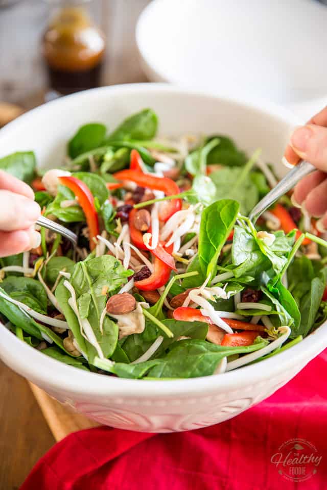 This loaded spinach salad is quite probably the easiest but tastiest salad you will ever eat. And that dressing, it's so good, you'll want to drink it by the glassful