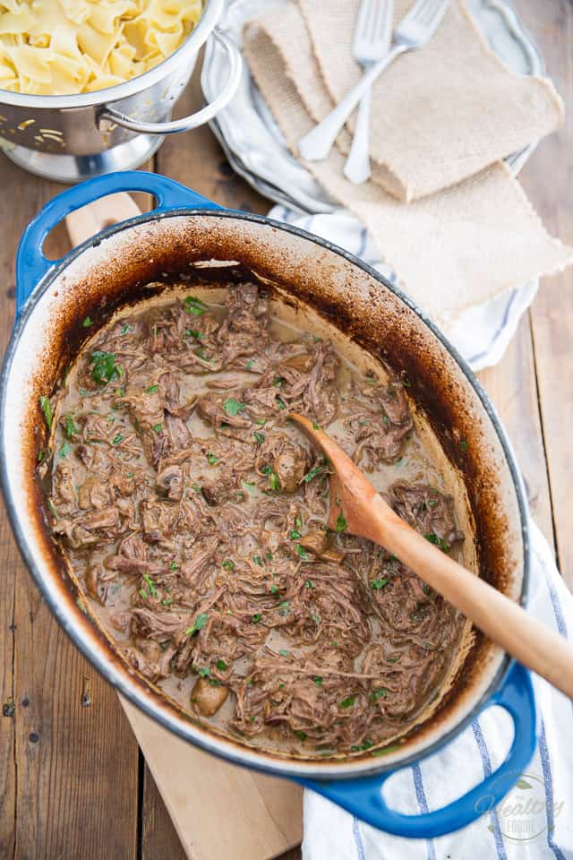 Slowly braised to fork tender perfection, this Shredded Beef Stroganoff is a delicious union between blade roast and the amazing classic Beef Stroganoff