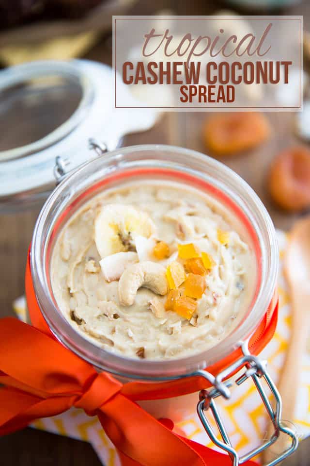 A smooth and creamy cashew and coconut butter loaded with bits of toasted coconut, banana chips and dried apricots, this Tropical Cashew Coconut Spread is a veritable tropical paradise in a jar!