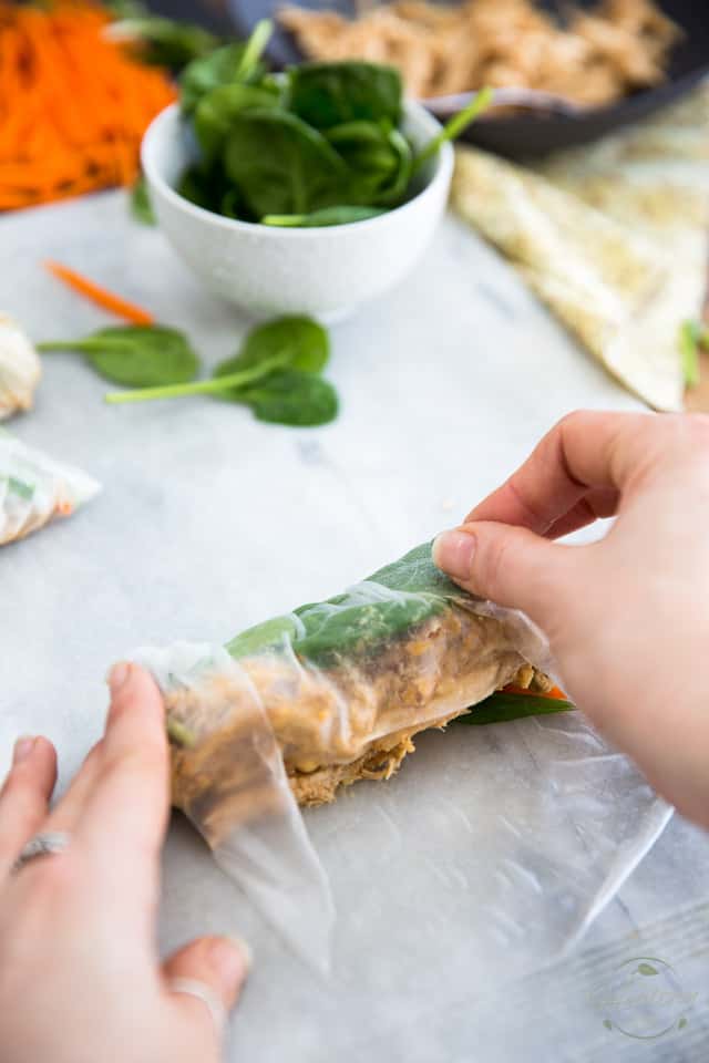 Chicken Spring Rolls with Creamy Peanut Sauce by Sonia! The Healthy Foodie | Recipe and instructions on thehealthyfoodie.com