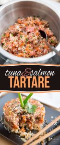 A duo of favorite fish complemented with hints of sesame, ginger and cilantro; this Asian Tuna Salmon Tartare makes for a refreshing light meal or appetizer