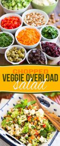 Eating your veggies will never have tasted so good; this Chopped Veggie Overload Salad is so full of crunch and flavor, even picky eaters will love it!