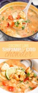 This Coconut Lime Shrimp and Cod Chowder is a seemingly light meal that's so chock full of fish and seafood, it's guaranteed to keep you full and satisfied for a very long time.