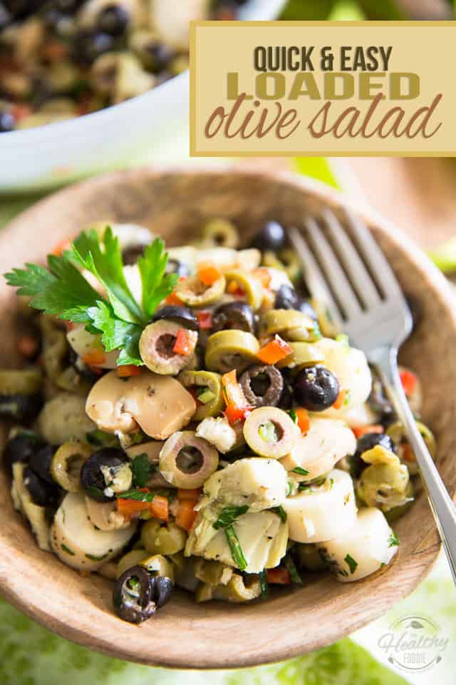 Love olives? Then you will be absolutely all over this Loaded Olive Salad. So quick and easy to make, too! Open cans, chop a few veggies, mix and enjoy!