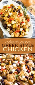 Sheet Pan Greek Style Chicken - Juicy pieces of chicken, roasted potatoes, olives, feta cheese, bell peppers and onions baked together in a single pan