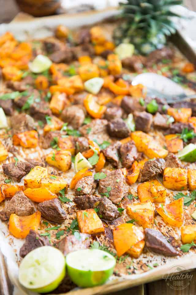 Sheet Pan Pineapple Beef with a Mexican Twist by Sonia! The Healthy Foodie | Recipe on thehealthyfoodie.com