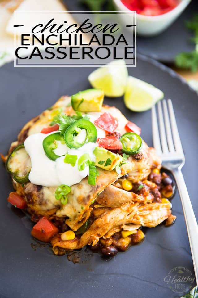 Chicken, corn, black beans, cheese and flour tortillas in a spicy enchilada sauce, healthy has never felt so indulgent as this Chicken Enchilada Casserole. 