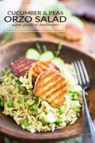 Cucumber and Peas Orzo Salad with Grilled Halloumi by Sonia! The Healthy Foodie | Recipe on thehealthyfoodie.com