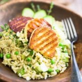 Cucumber and Peas Orzo Salad with Grilled Halloumi by Sonia! The Healthy Foodie | Recipe on thehealthyfoodie.com
